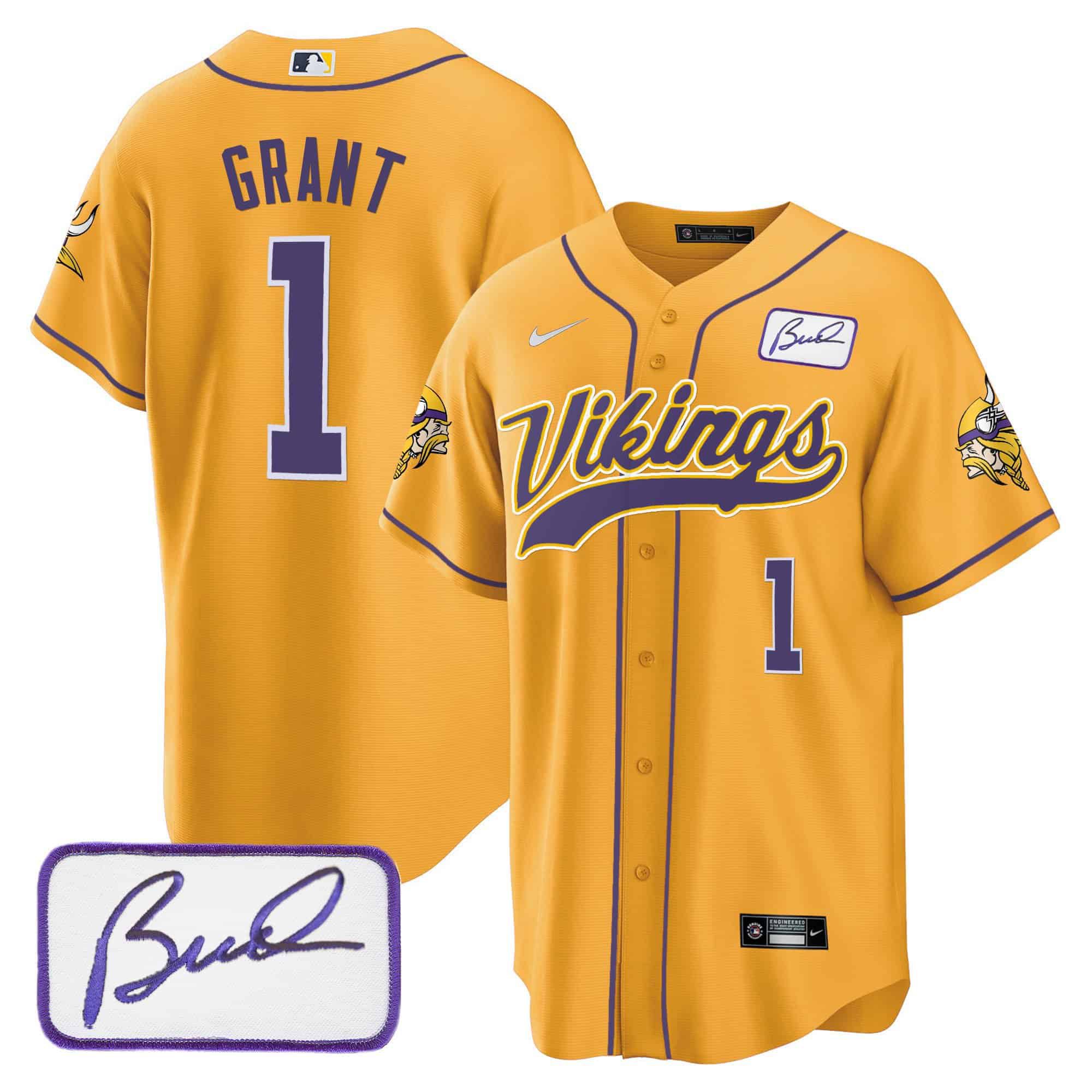 Men Minnesota Vikings 1 Grant Yellow 2024 Nike Bud Grant Patch Classic Baseball NFL Jersey